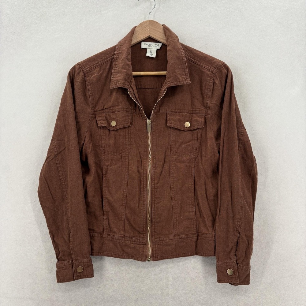 Rachel Zoe Jacket Womens Large Brown Linen Blend Twill Full Zip Lightweight
